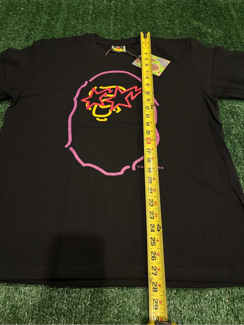 A Bathing Ape Black Short Sleeve Graphic Tee - Pink & Yellow Logo - Picture 5 of 6